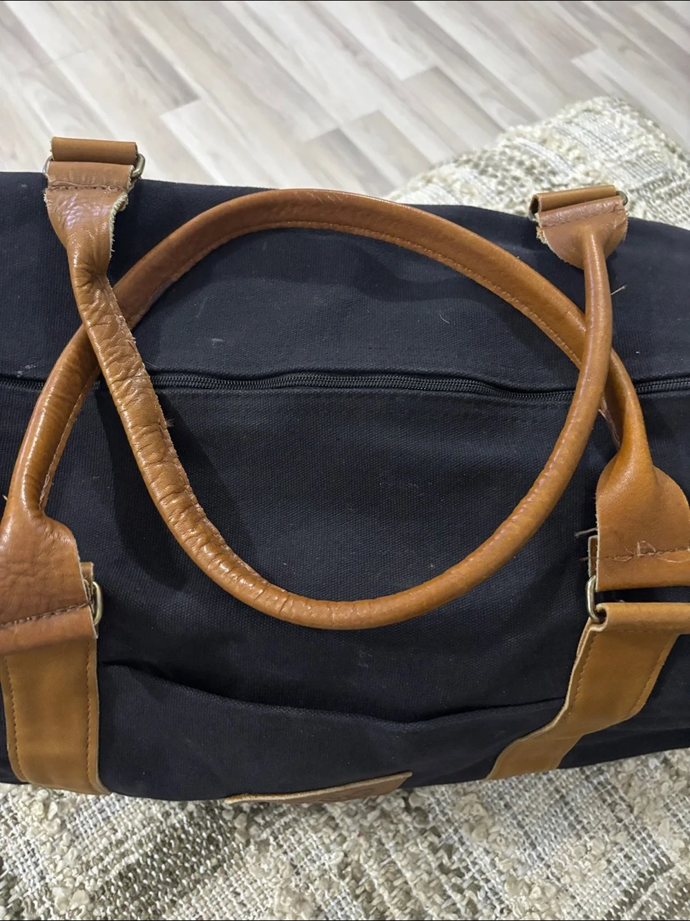 RSJ&G Black Canvas Weekend Travel Duffel Bag with‎ Brown Leather Trim